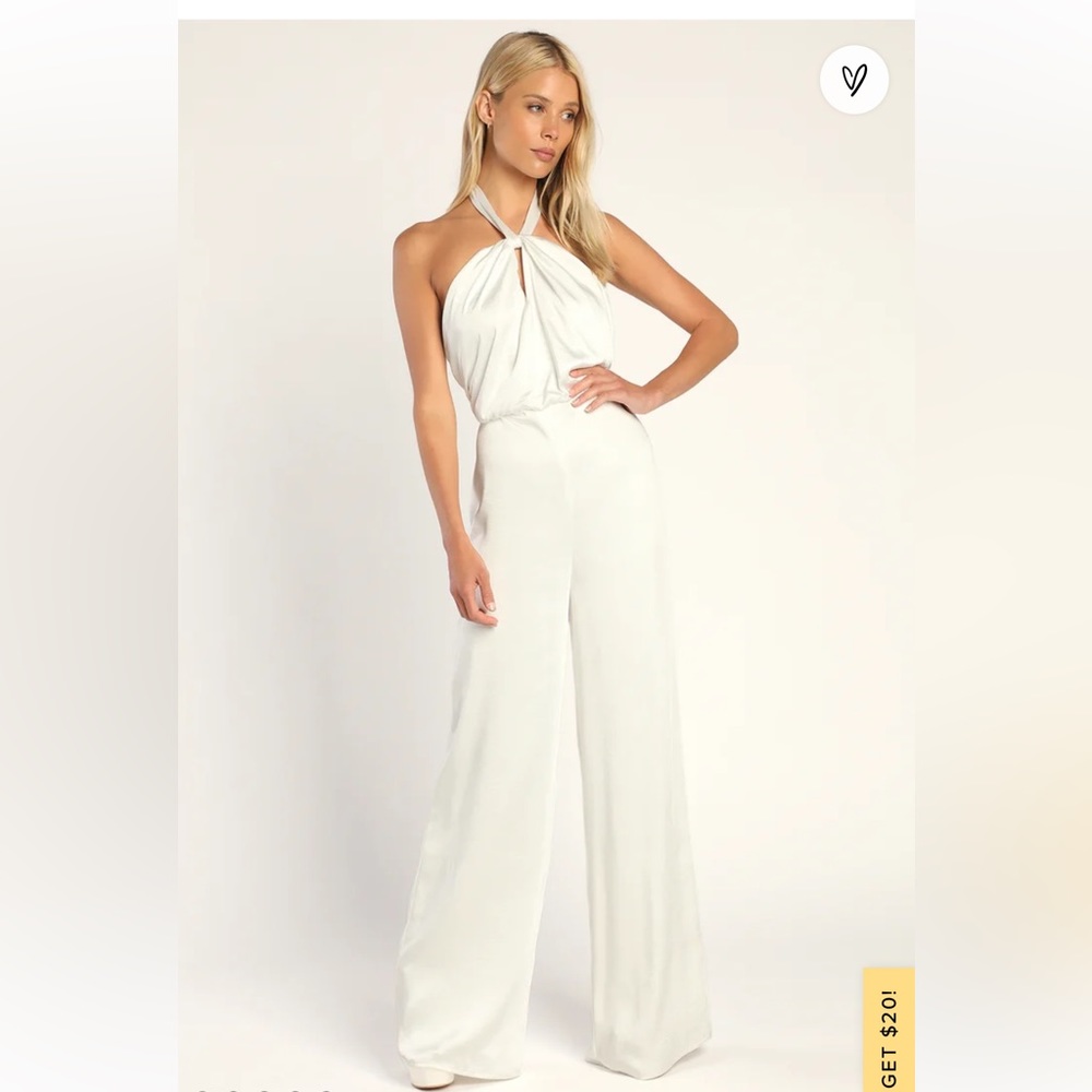 LULUS Adoring Angel Ivory Satin Wide-Leg Halter Jumpsuit SMALL worn once